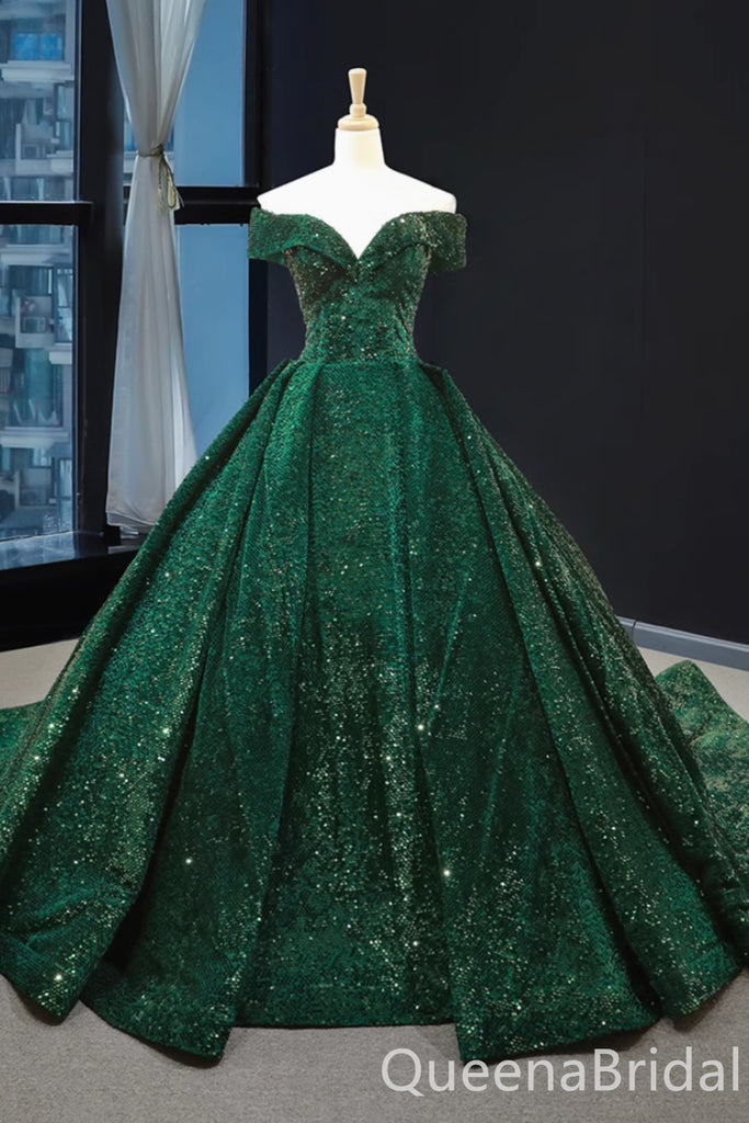 Shiny Green Off the Shoulder Lace up Back A-line Ball Gown Party Dress Long Prom Dresses to Impress ,WGP1486