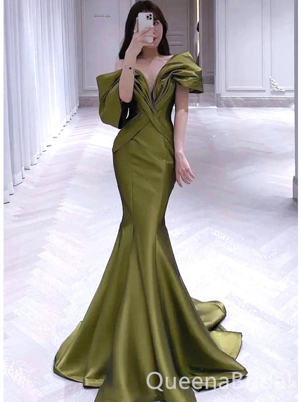 Elegant Bubble Pleats Green Off Shoulder Mermaid Evening Long Prom Dresses,WGP456