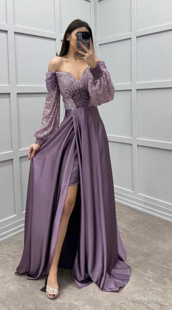 Sweetheart Long Sleeves A-line Long Prom Dresses to Impress with Slit ,WGP1361