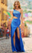 Blue Sexy Sheath Cutout One Shoulder High Slit Maxi Long Prom Dresses Evening Gown,WGP554