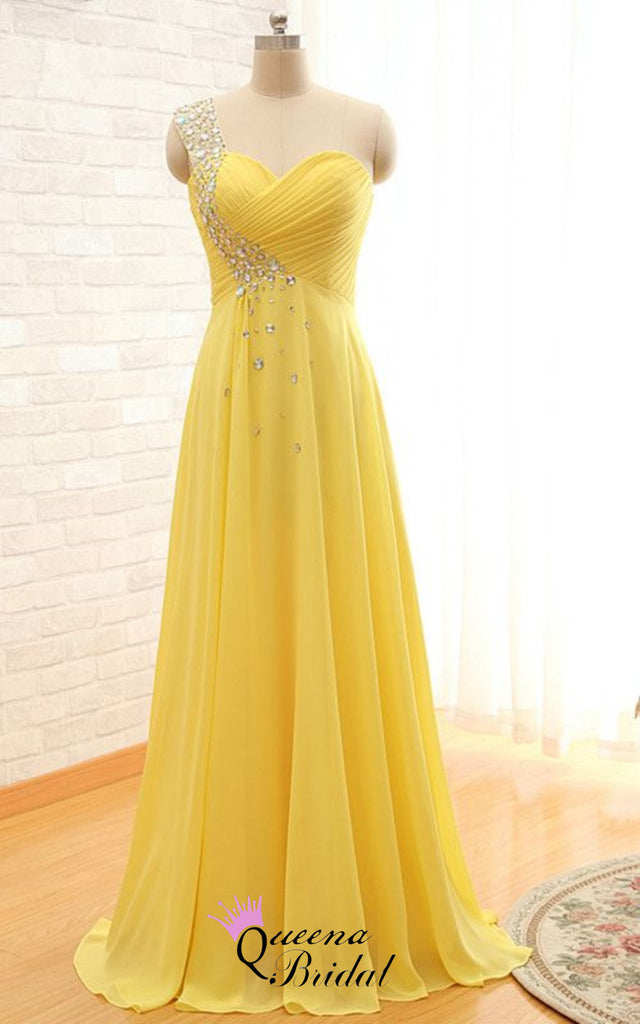 Gorgeous Yellow One Shoulder Beaded Sweetheart A-line Long Party Dress Prom Dresses,WGP1746