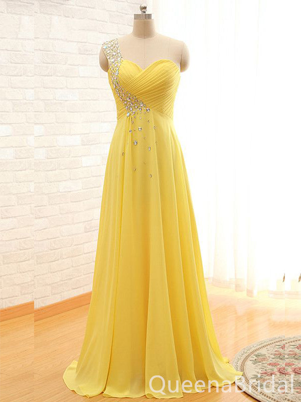 Gorgeous Yellow One Shoulder Beaded Sweetheart A-line Long Party Dress Prom Dresses,WGP1746