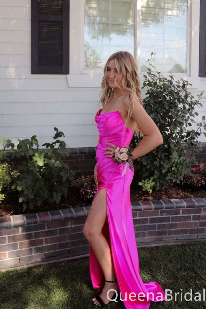 Sexy Strapless Hot Pink Side Slit Sheath Long Party Dress Long Prom Dresses to Impress ,WGP1459