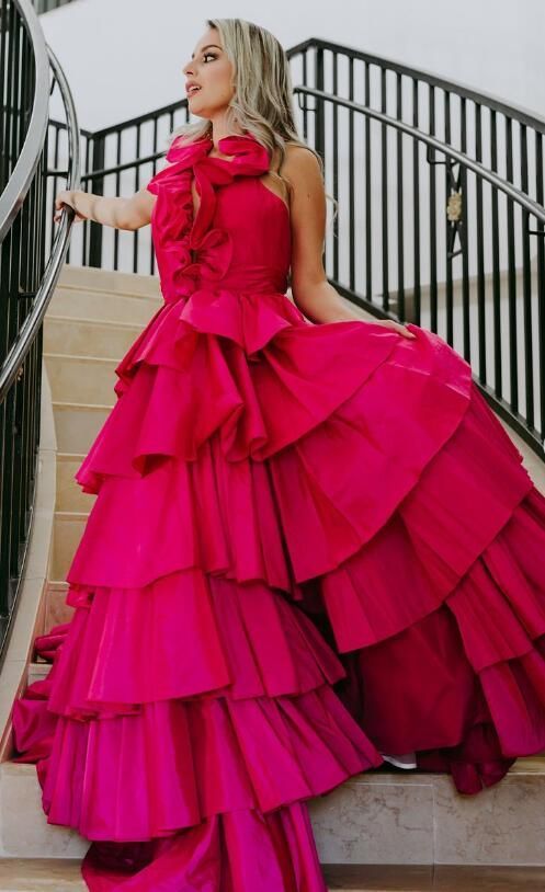 Hot Pink A-line Plunging Layer Evening Gown Maxi Long Evening Party Prom Dresses,WGP1082