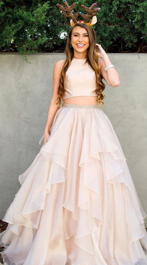 Two Pieces Halter Champagne Ruffles A-line Long Prom Dresses to Impress ,WGP1364