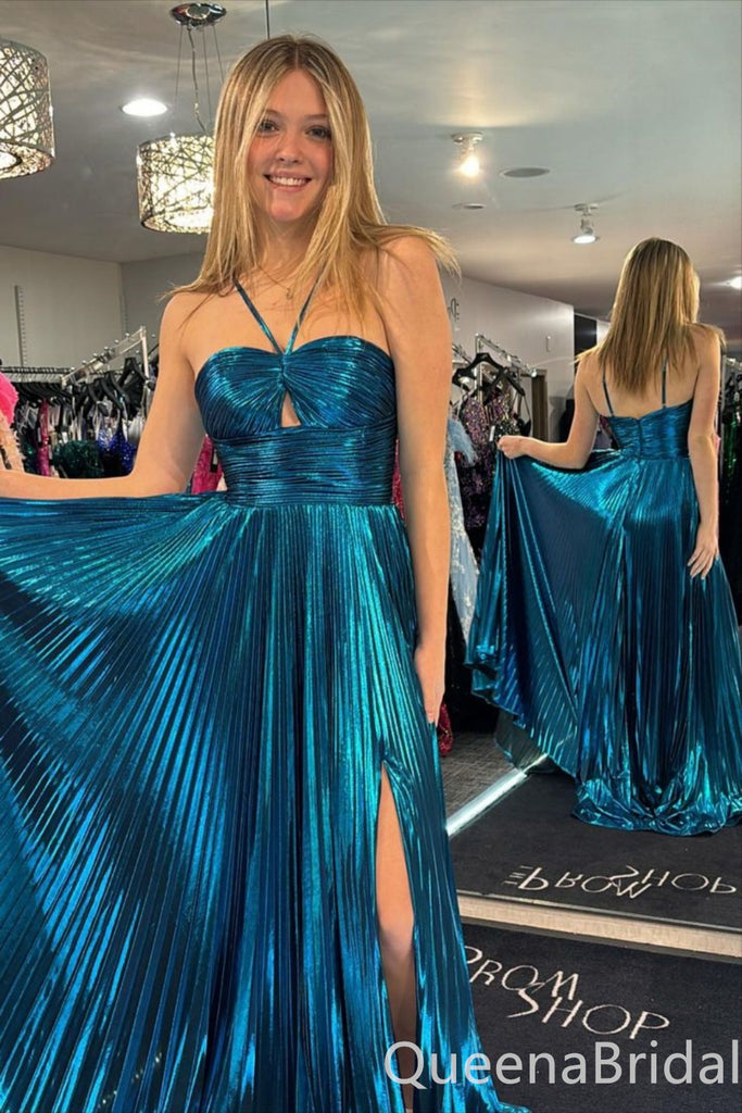 Sexy Spaghetti Straps Blue A-line Side Slit Long Party Dress Long Prom Dresses to Impress ,WGP1460