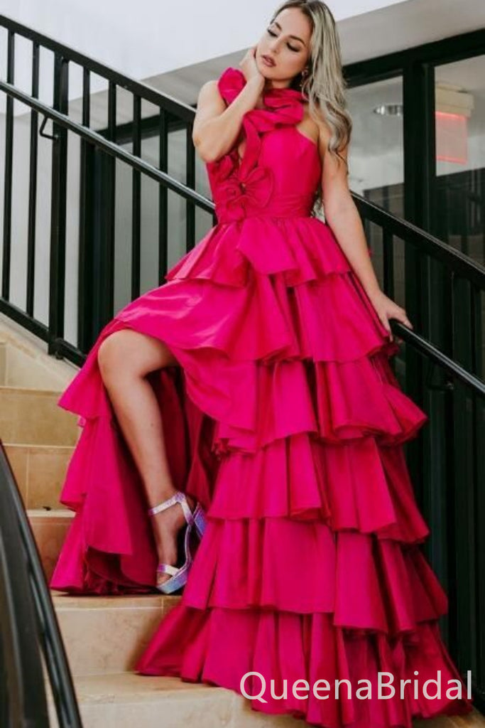 Hot Pink A-line Plunging Layer Evening Gown Maxi Long Evening Party Prom Dresses,WGP1082