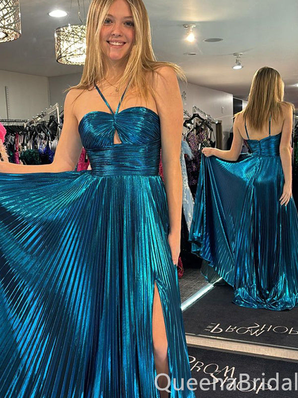 Sexy Spaghetti Straps Blue A-line Side Slit Long Party Dress Long Prom Dresses to Impress ,WGP1460