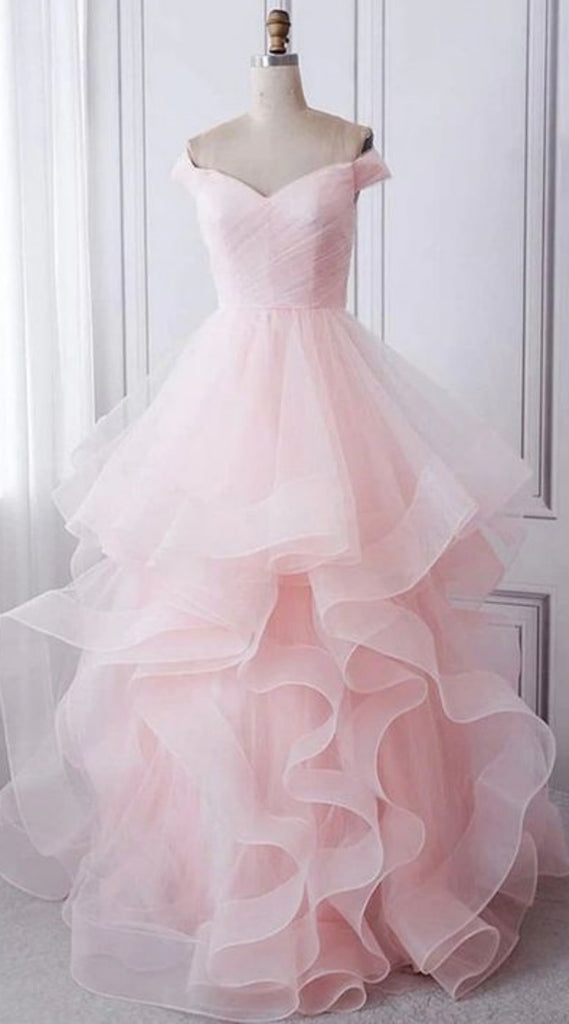 Light Pink Off Shoulder Ruffles A-line Long Prom Dresses to Impress ,WGP1365