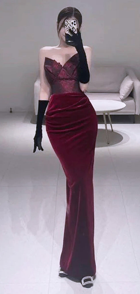 Sexy Unique Dark Red Sweetheart Sleeveless Pleats Mermaid Evening Long Prom Dresses,WGP462