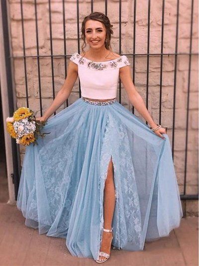 Gorgeous Two Pieces Beading Lace Appliques Tulle Floor Length A-line Side Slit Evening Gown Prom Dresses,WGP596