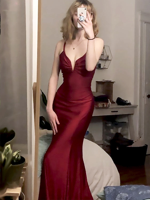 Sexy Red V Neck Spaghetti Straps Mermaid Sleeveless Evening Prom Dresses,WGP525