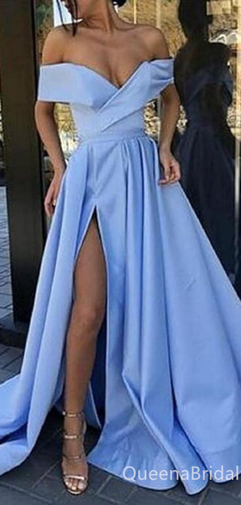 Sexy Plunging Off-the-shoulder High Slit Tulle A-line Evening Gown Long Prom Dresses with Pleats,WGP712