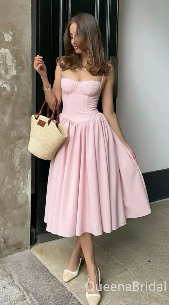 Pink Spaghetti Straps A-line Keen Length Party Dress Long Prom Dresses to Impress ,WGP1495