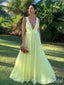 Sexy Yellow Plunging Chiffon A-line Long Party Dress Long Prom Dresses to Impress ,WGP1415