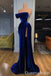 Velvet Blue Mermaid Evening Gown Long Evening Party Prom Dresses with High Slit, WGP1279