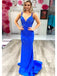 Sexy Royal Blue Sequin Spaghetti Strap Criss-Cross Back Pleats Mermaid Evening Prom Dresses,WGP468