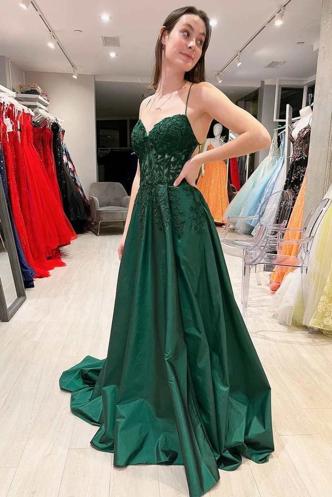 Elegant Green A-line Side Slit With Lace Appliques Spaghetti Straps  Lace Up Back Prom Dresses,WGP398