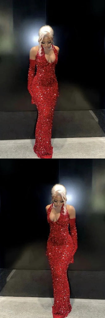 Sexy Shiny Red Halter Plunging Mermaid Party Dress Long Prom Dresses to Impress ,WGP1572