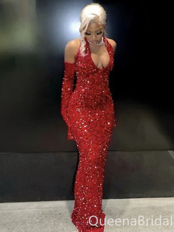 Sexy Shiny Red Halter Plunging Mermaid Party Dress Long Prom Dresses to Impress ,WGP1572