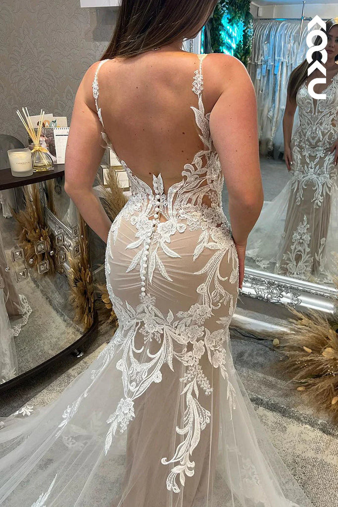 Elegant White Spaghetti Straps V Neck Lace Appliques Mermaid Long Wedding Dresses,WGP208