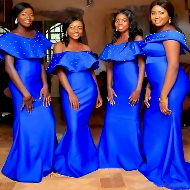 Elegant Royal Blue Off Shoulder Beadings Ruffle Mermaid Simple Bridesmaid Dresses,BDS0182