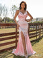 ELegant Simple Pink Mermaid V-neck Spaghetti Straps Long Evening Gown Prom Dresses with Side Slit,WGP577