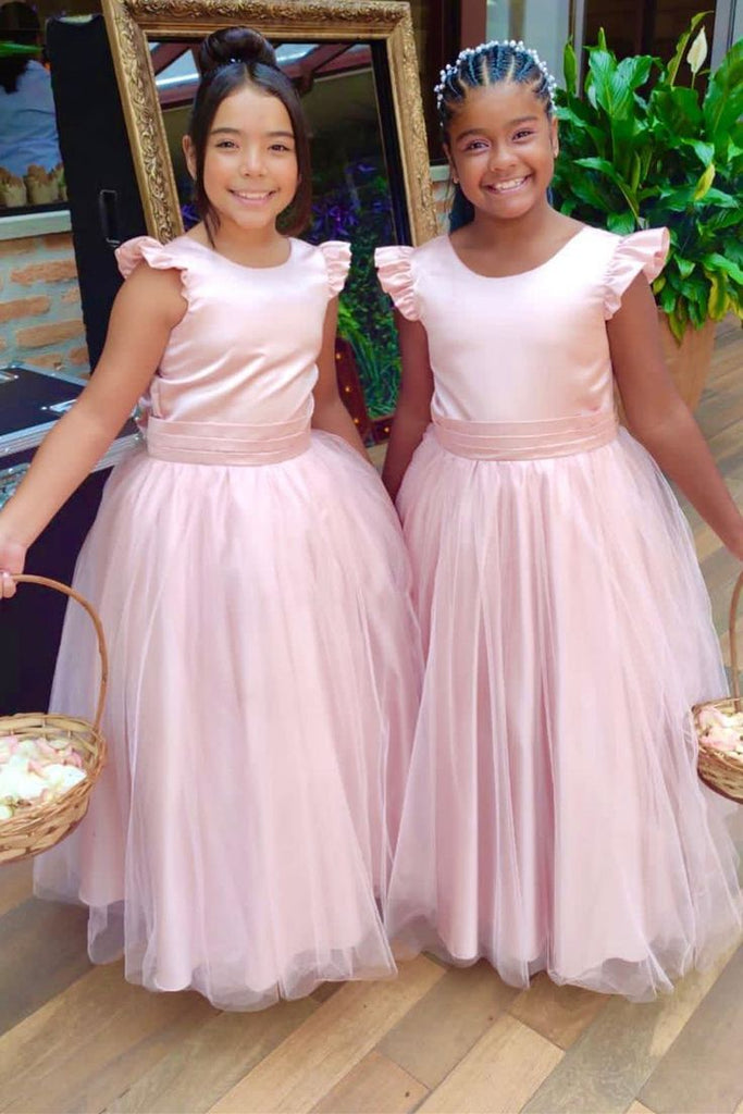 Elegant Pink Tulle A-Line Soft Satin Ruffles Cheap Simple Long Flower Girl Dresses, FGS0044