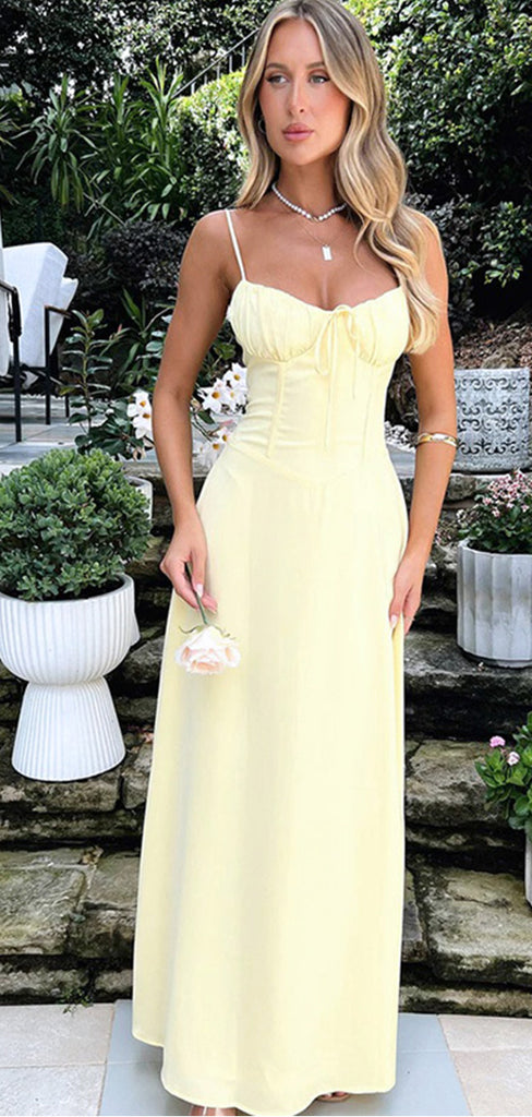 Elegant Yellow Strapless Spaghetti Straps Pleats Simple Cheap Prom Dresses,WGP492