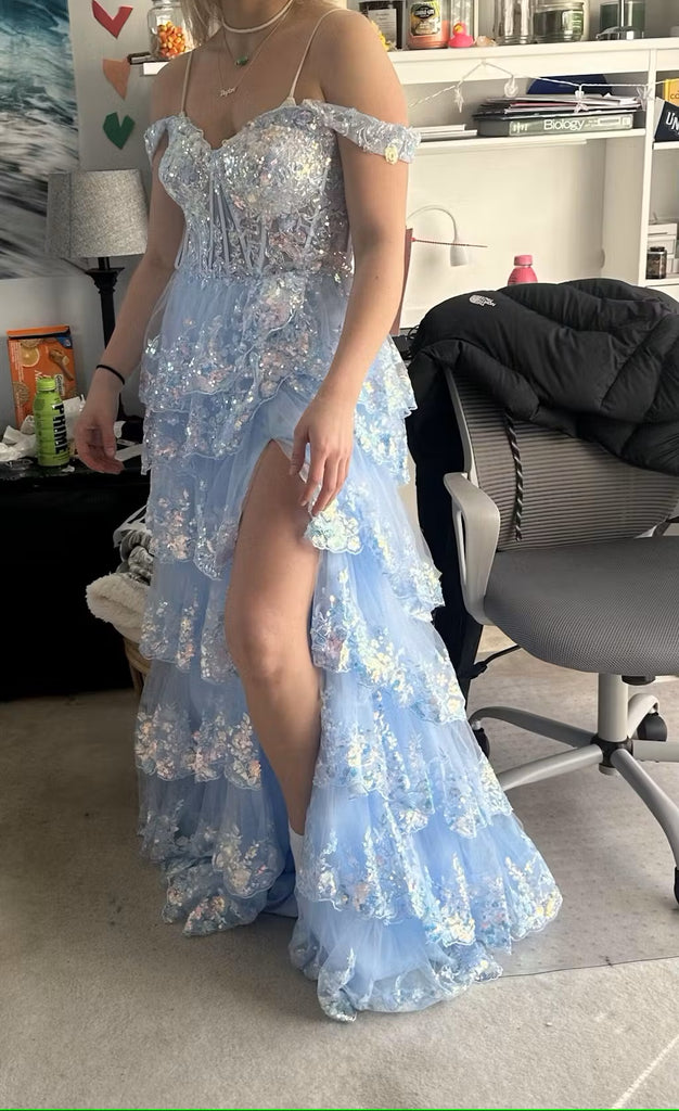 Elegant Blue Off Shoulder A-line Sequins Ruffles Side Slit Lace Up Back Long Prom Dresses,WGP411