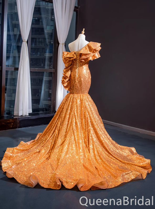 Shiny Orange One Shoulder Mermaid Ruffles Party Dress Long Prom Dresses to Impress ,WGP1697