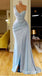 Light Blue Mermaid One Shoulder Beaded Evening Gown Maxi Long Evening Party Prom Dresses with Side Slit,WGP1185