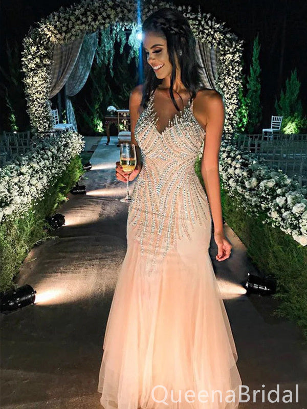 Light Pink V Neck Mermaid Beaded Evening Gown Long Evening Party Prom Dresses ,WGP1284