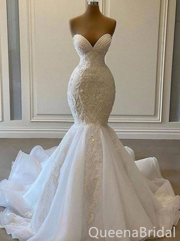 Ivory Lace Appliques Sweetheart Ruffles Mermaid Strapless Evening Gown Long Evening Party Prom Dresses ,WGP1285