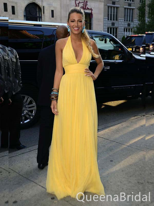 Elegant Yellow Plunging Halter V Neck A-line Long Party Dress Prom Dresses,WGP1757