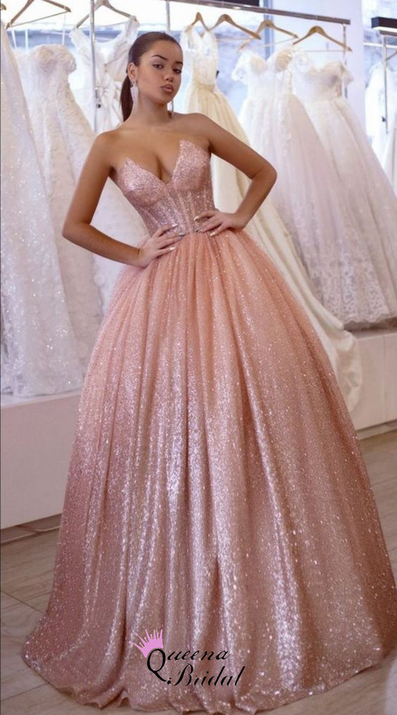 Shiny Blush Pink Strapless V Neck A-line Ball Gown Long Party Dress Prom Dresses,WGP1758