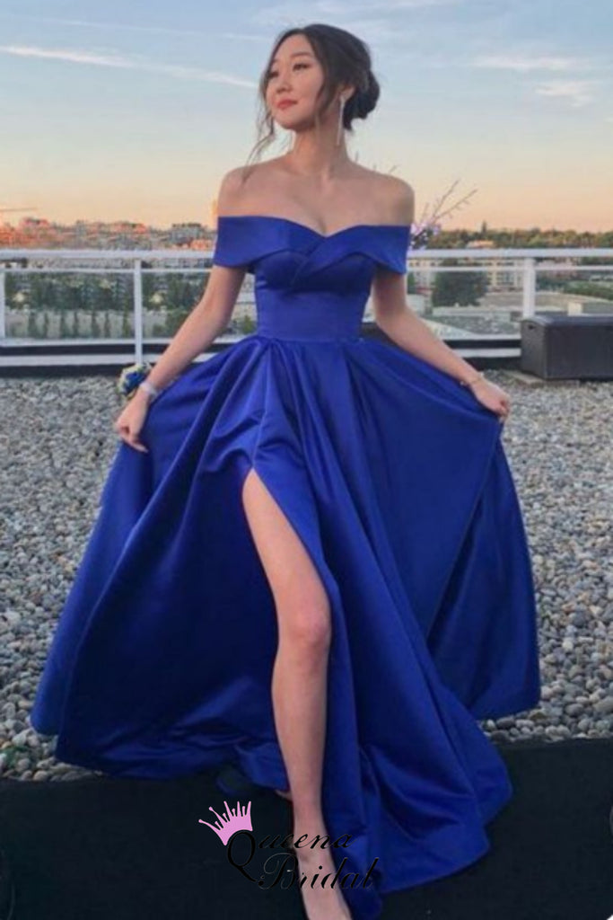 Elegant Blue Strapless Side Slit Off Shoulder A-line Long Party Dress Prom Dresses,WGP1759