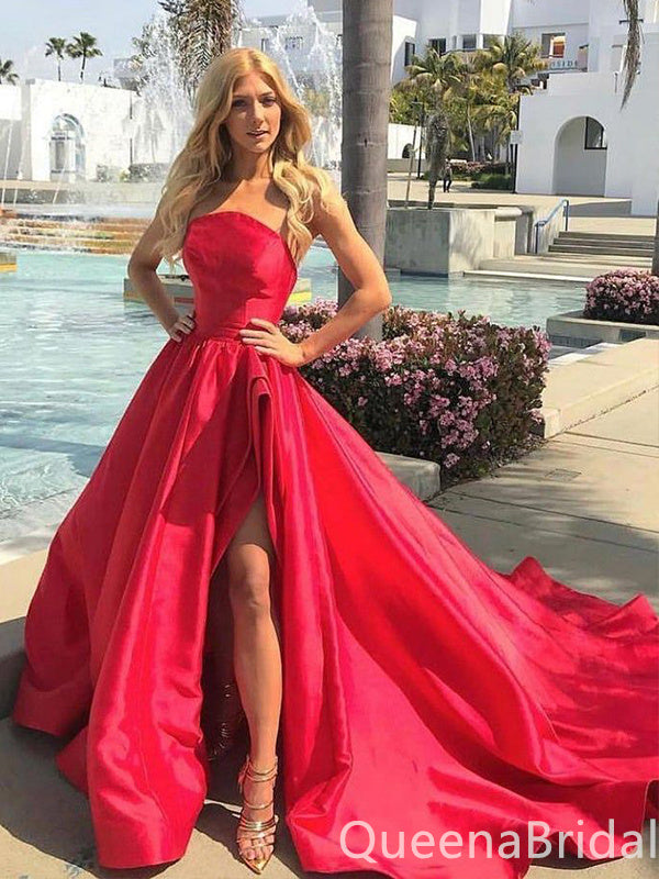 Elegant Strapless A-line Side Slit Party Dress Long Prom Dresses to Impress ,WGP1678