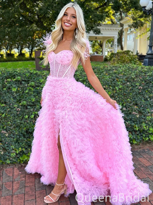 Stylish Pink Sweetheart Sheer Corset Bodice A-line Evening Gown Long Evening Party Prom Dresses ,WGP1287