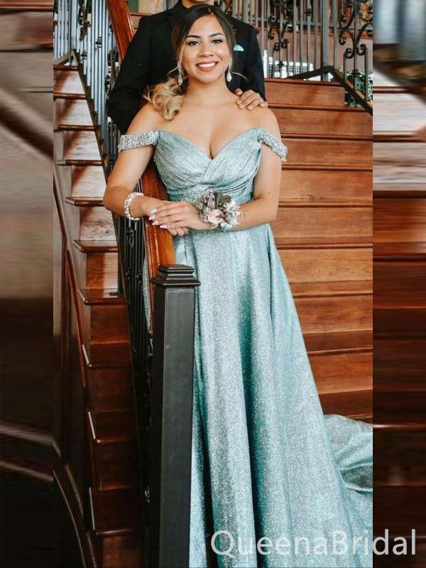 Elegant Shiny Blue Off Shoulder Sweetheart A-line Long Party Dress Prom Dresses,WGP1762