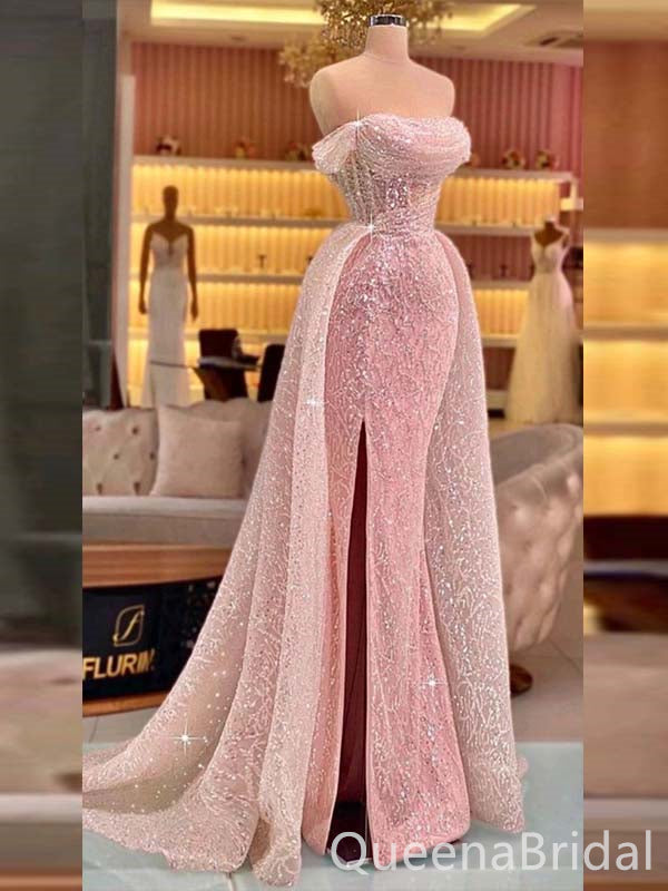 Shiny Pink Off Shoulder Mermaid Side Slit Long Party Dress Prom Dresses,WGP1763