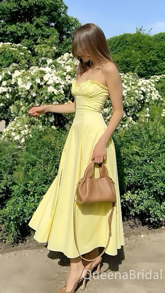 Sexy Strapless Yellow Chiffon A-line Long Party Dress Long Prom Dresses to Impress ,WGP1416