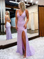 Sparkle Lilac Plunging Mermaid Evening Gown Long Evening Party Prom Dresses with Slit ,WGP1292