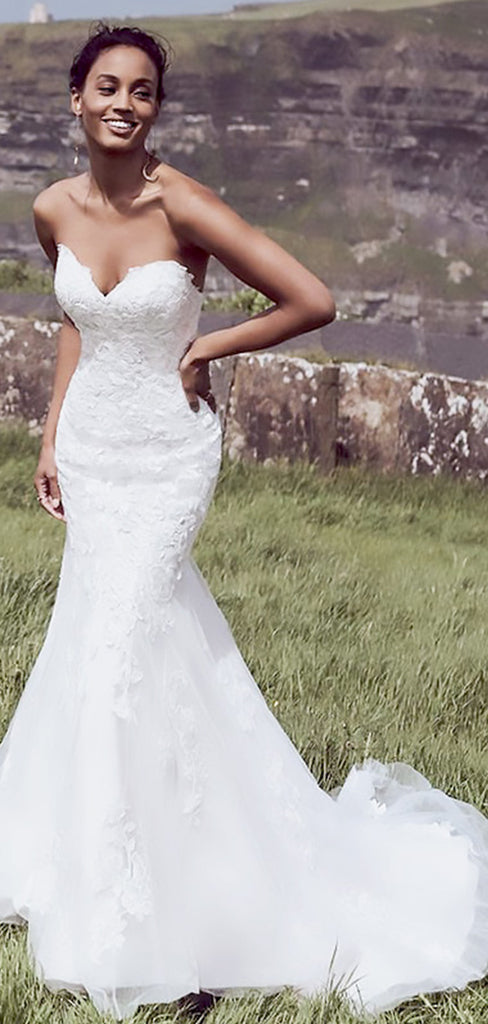 Elegant White V Neck Lace Appliques Tulle Mermaid Long Wedding Dresses,WGP209