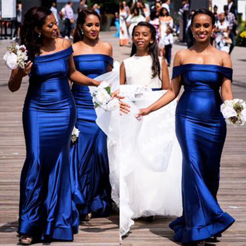 Elegant Royal Blue Off Shoulder Simple Cheap Mermaid Long Bridesmaid Dresses , BDS0215