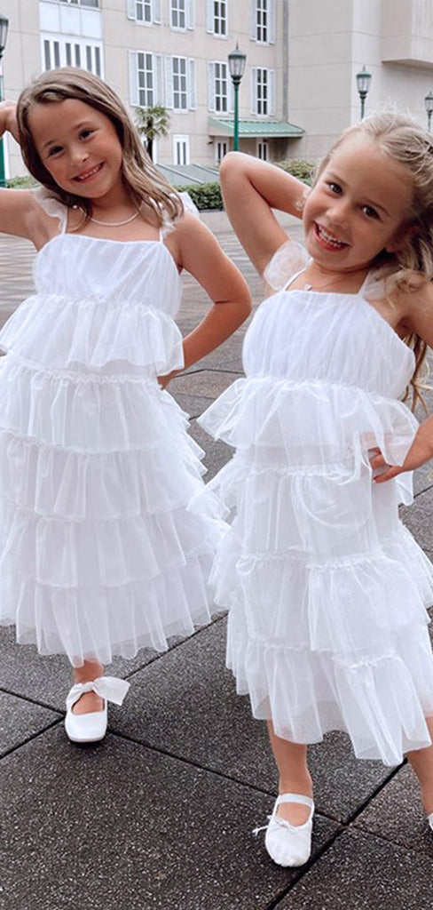 Cute White Spaghetti Straps Ruffles A- Line Long Sleeveless Tulle Simple Cheap Flower Girl Dresses, FGS0031