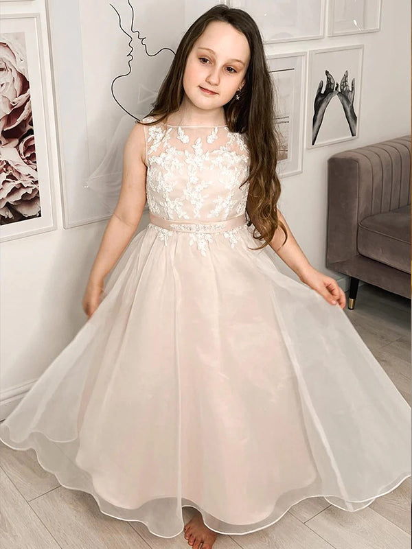 Elegant White Tulle Lace Appliques A-Line Cheap Simple Long Flower Girl Dresses, FGS0043