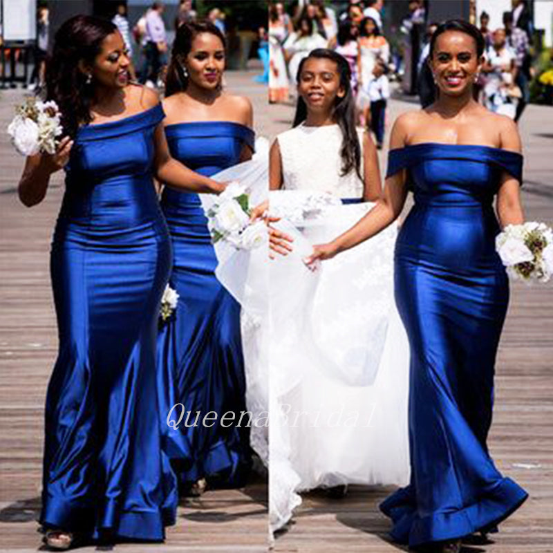 Elegant Royal Blue Off Shoulder Simple Cheap Mermaid Long Bridesmaid Dresses , BDS0215