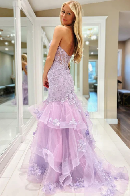 Sexy Strapless Tiered Tulle Lace Appliques Evening Gown Long Prom Dresses ,WGP606