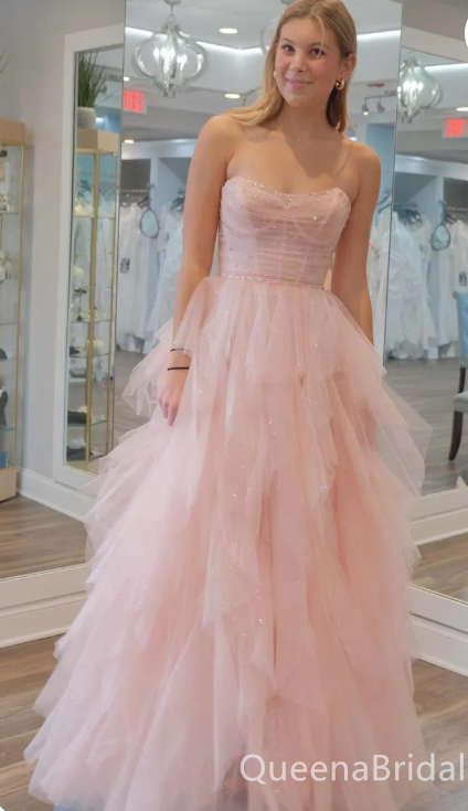 Elegant Cute Light Pink Strapless A-line Layer Tulle Fluffy Evening Gown Long Formal Dresses Prom Dresses,WGP815